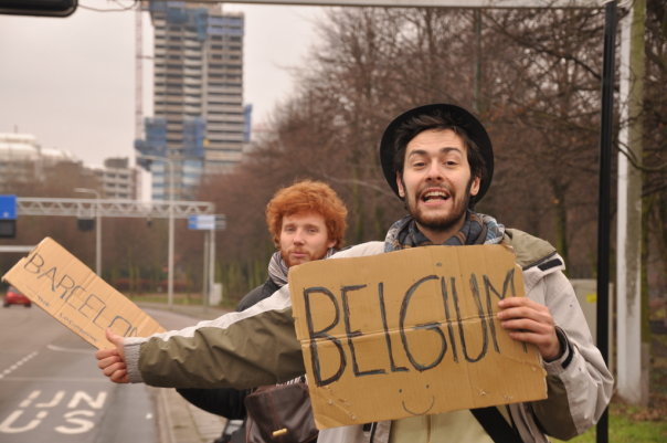 Nicola Zolin and Benjamin Lesage hitchhiking in The Hague, Netherlands.