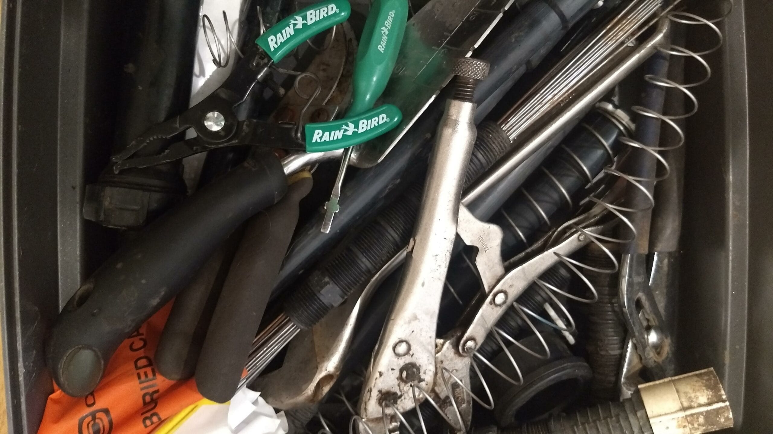 One contribution I’m making to my neighborhood is helping to fix our irrigation system. Here’s a peek inside my new irrigation tool box I assembled for the purpose starting with the box itself, which I scavenged from our dumpster.
