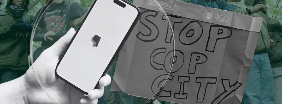 Stop Cop City collage with a magnifying glass on a phone with paypal