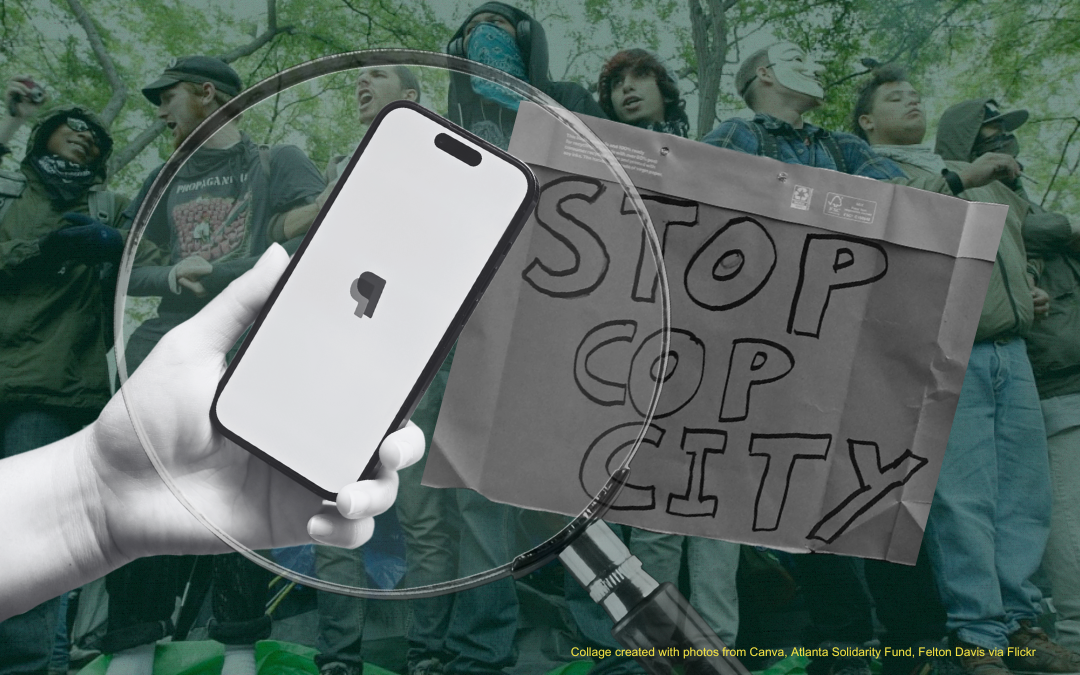 Stop Cop City collage with a magnifying glass on a phone with paypal