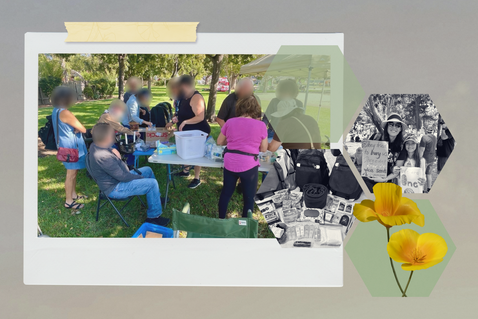 a collage of mutual aid events and a photo of Lannie