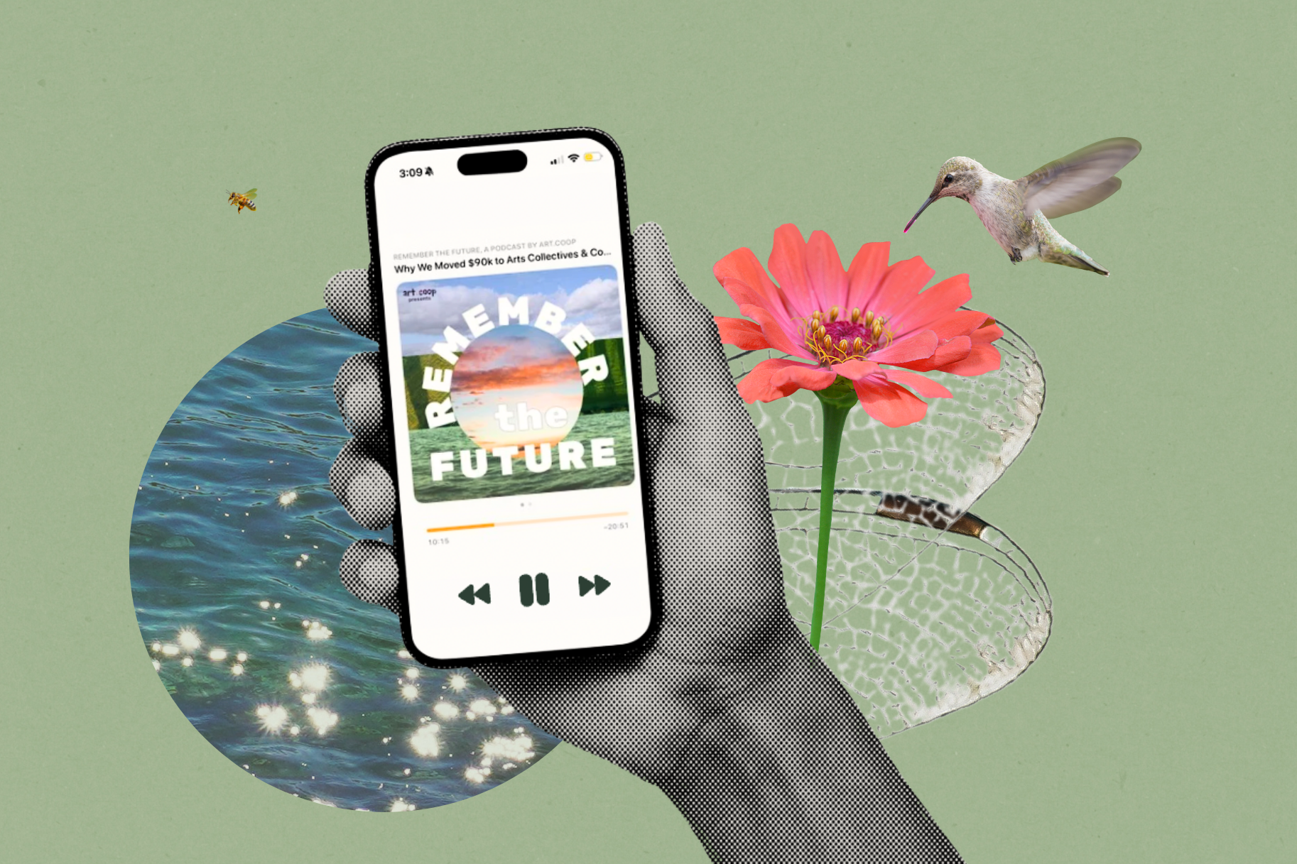 collage featuring someone holding a phone listening to the Remember the Future podcast