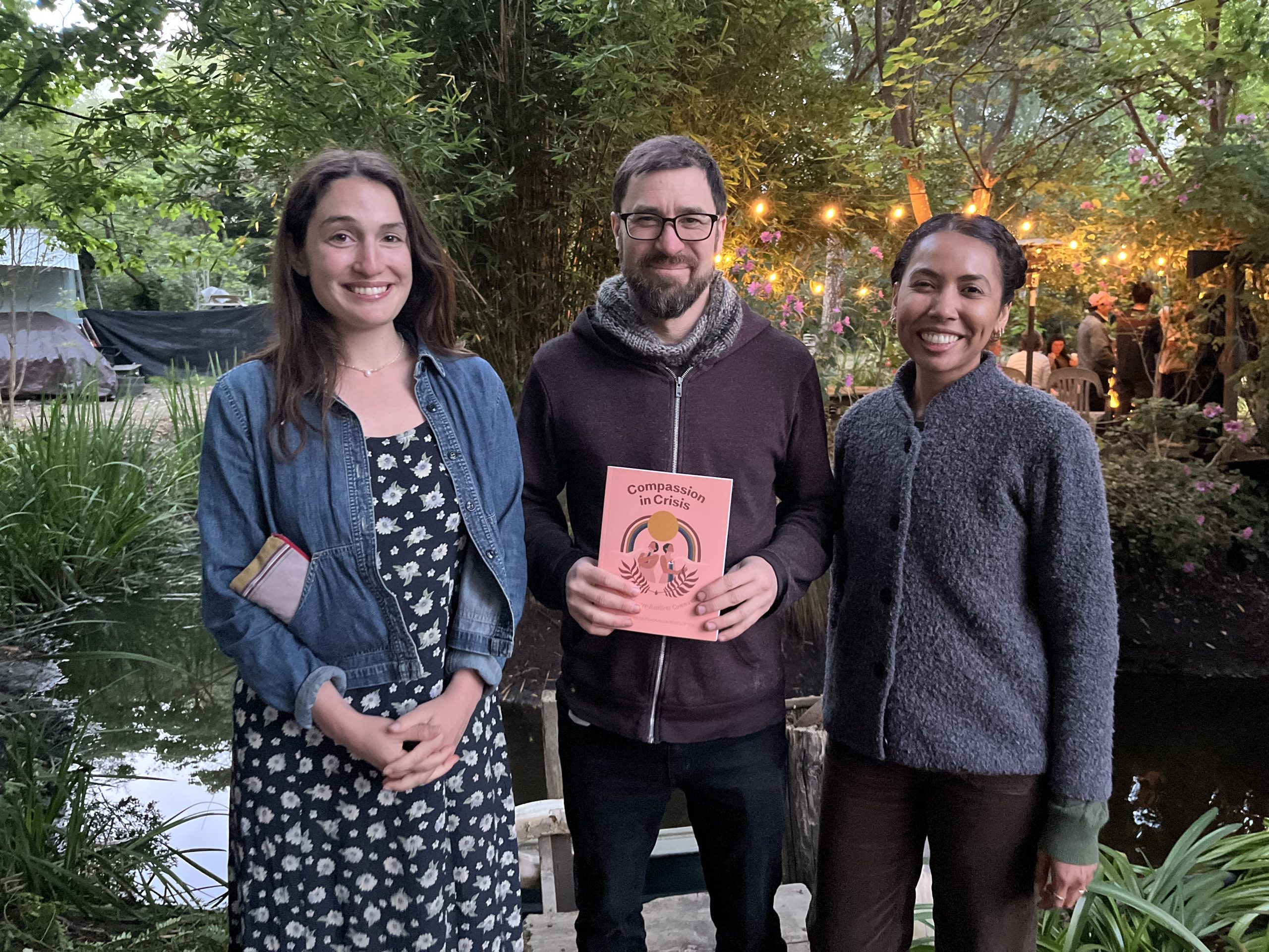 A photo of Kate Weiner, Response host Tom Llewellyn, and Kailea Loften at a Compassion in Crisis book event in California.