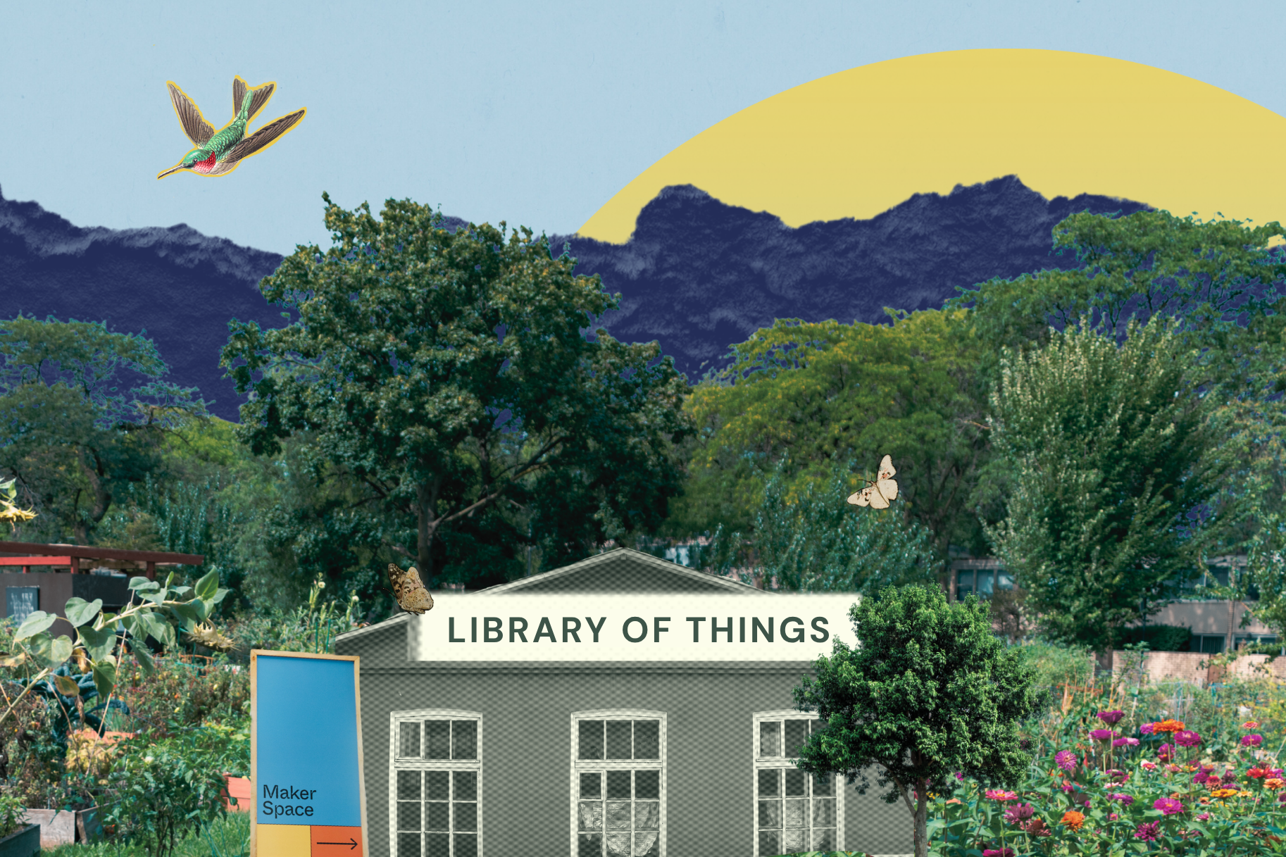 A collage featuring trees, bird, butterflies, and a Library of Things.